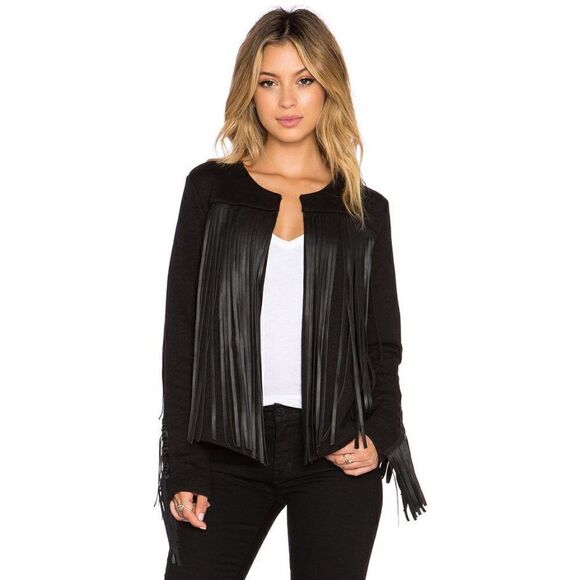 Velvet by Graham and Spencer Tiffany Black Faux Leather Fringe Jacket - Picture 1 of 8
